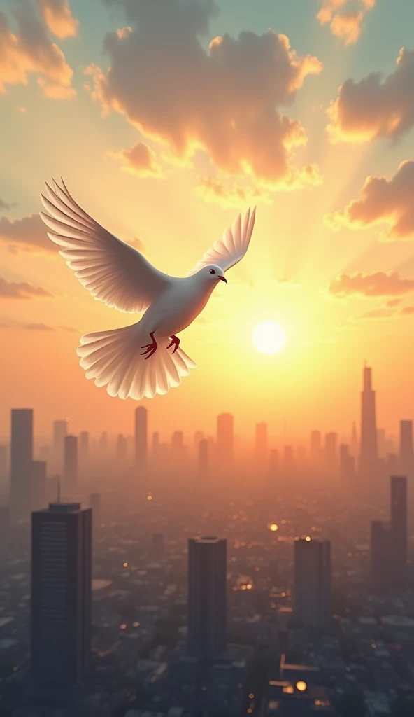 A symbolic representation of hope, showing a dove flying over a city skyline, with the sun rising in the background, signifying peace and resilience."
