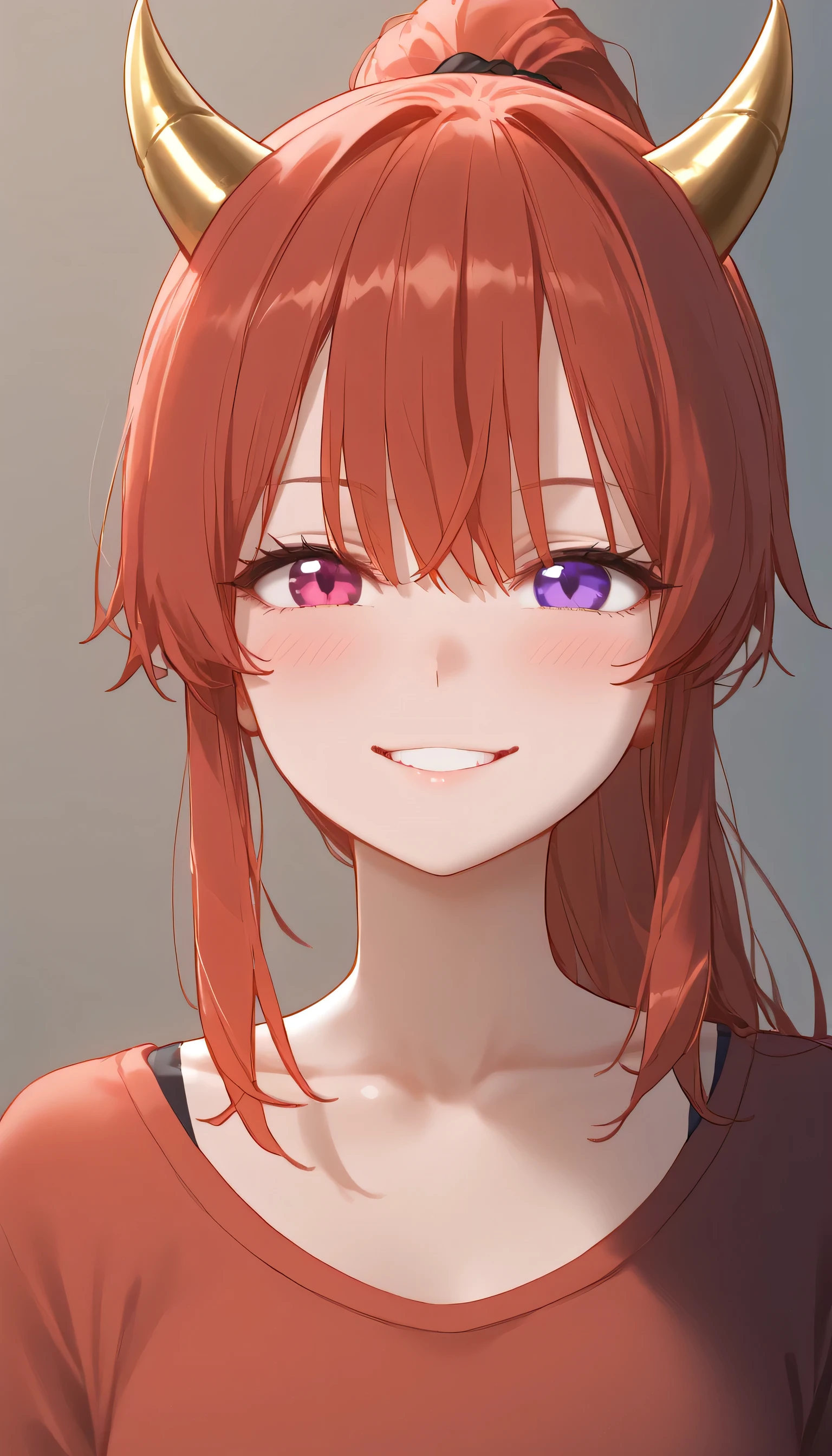 shiny skin, 1girl, ponytail hairstyle, parted lips, black skirt, bangs, hair tie, ((pink and purple color eyes, pink and purple, deference color eyes, Heterochromia eyes, beautiful detailed eyes, (cat pulils)), blush, breasts, shirt, small breasts, solo, looking at viewer, red hair, long red hair, casual, casual outfits, closed mouth, long sleeves, ponytail hairstyle, collarbone, smile, large smile, ((small horns, gold horns, horns towards the bangs, the ends of the horns are on the bangs, dragonian)) 