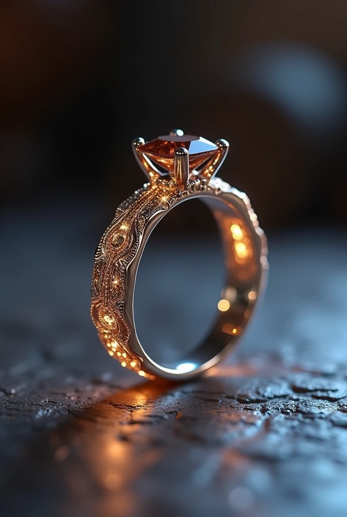 a beautiful detailed silver wedding ring with a chocolate color diamond, the ring is thin and the diamond is not embedded, intricate engraved patterns, glowing inner light, ethereal atmospheric lighting, extremely detailed, 8k, photorealistic, studio lighting, physically-based rendering, vibrant colors, cinematic composition