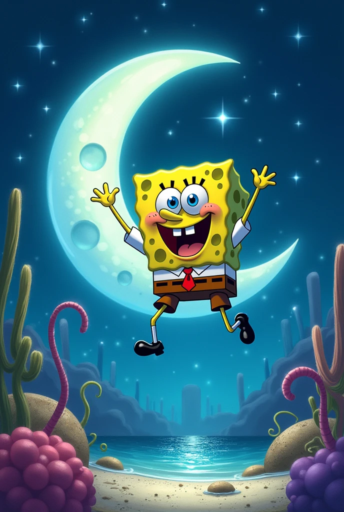 SpongeBob, jumping over the moon