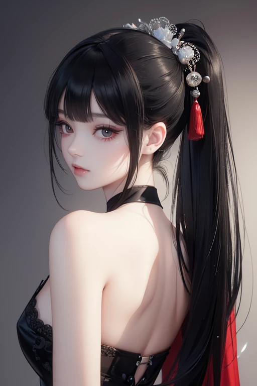 back view, (flat chest), skin dents, (21 years old), fashion trendy beautiful beautiful girl, Gentle and charming Chinese beautiful girl, 21 years old, delicate and sexy clavicle, attractive oval face, double eyelid, Smart peach blossom eyes, pink lips, small nose, bare shoulders, focus on the face, close up of face, ultra high resolution, Ultra fine, full body photo, Ultra-thin light transmittance, Sweet and playful upper body, See-through