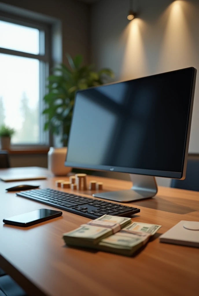 Picture of a money table, cell phone and computer