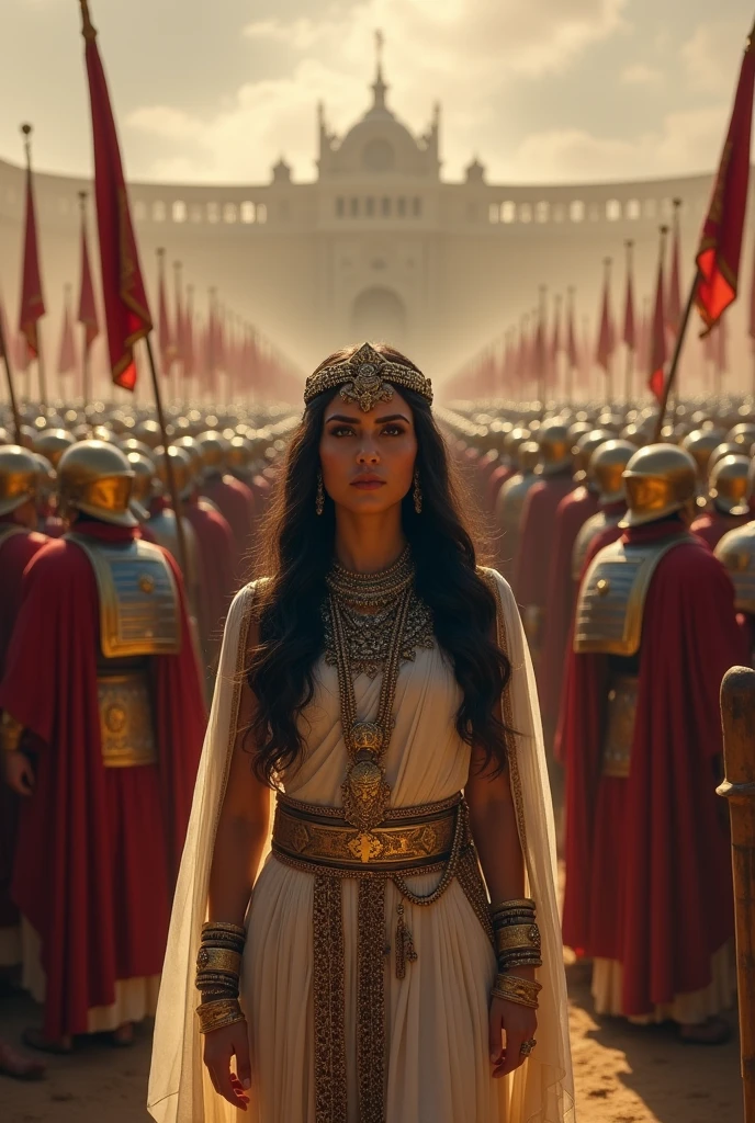  Cleopatra standing in front of a large Roman army, looking surprised as if realizing her political decisions didn't go as planned.Make it historical images looks
