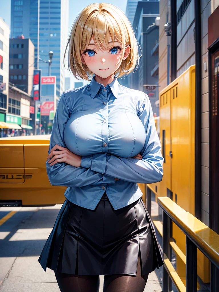Anime style, super fine illustration, highly detailed, beautiful detailed, perfect detailed, super high quality image, static representation, gentle expression, happy expression, the pretty image, super stylish, 8k, pretty 1girl with blonde straight short hair & blue eyes & a bright smile & full bust & soft fair skin is a career woman supervisor who is not to show her skin wearing big light blue business shirt & black summer tailored jacket & black tight skirt & black pantyhose on the urban business buildings street, in the morning, solo, perfect fingers, no more fingers, no less fingers, perfect arms, no more arms, perfect legs, no more legs, no more hair, masterpiece.