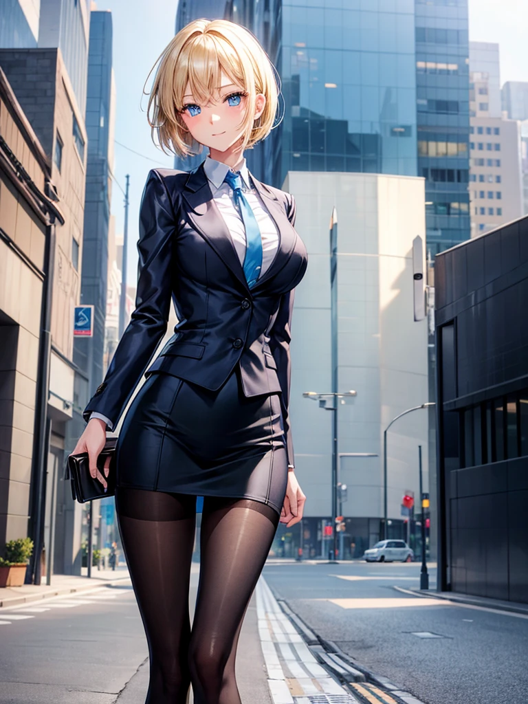 Anime style, super fine illustration, highly detailed, beautiful detailed, perfect detailed, super high quality image, static representation, gentle expression, happy expression, the pretty image, super stylish, 8k, pretty 1girl with blonde straight short hair & blue eyes & a bright smile & full bust & soft fair skin is a career woman supervisor who is not to show her skin wearing big light blue business shirt & black summer tailored jacket & black tight skirt & black pantyhose on the urban business buildings street, in the morning, solo, perfect fingers, no more fingers, no less fingers, perfect arms, no more arms, perfect legs, no more legs, no more hair, masterpiece.