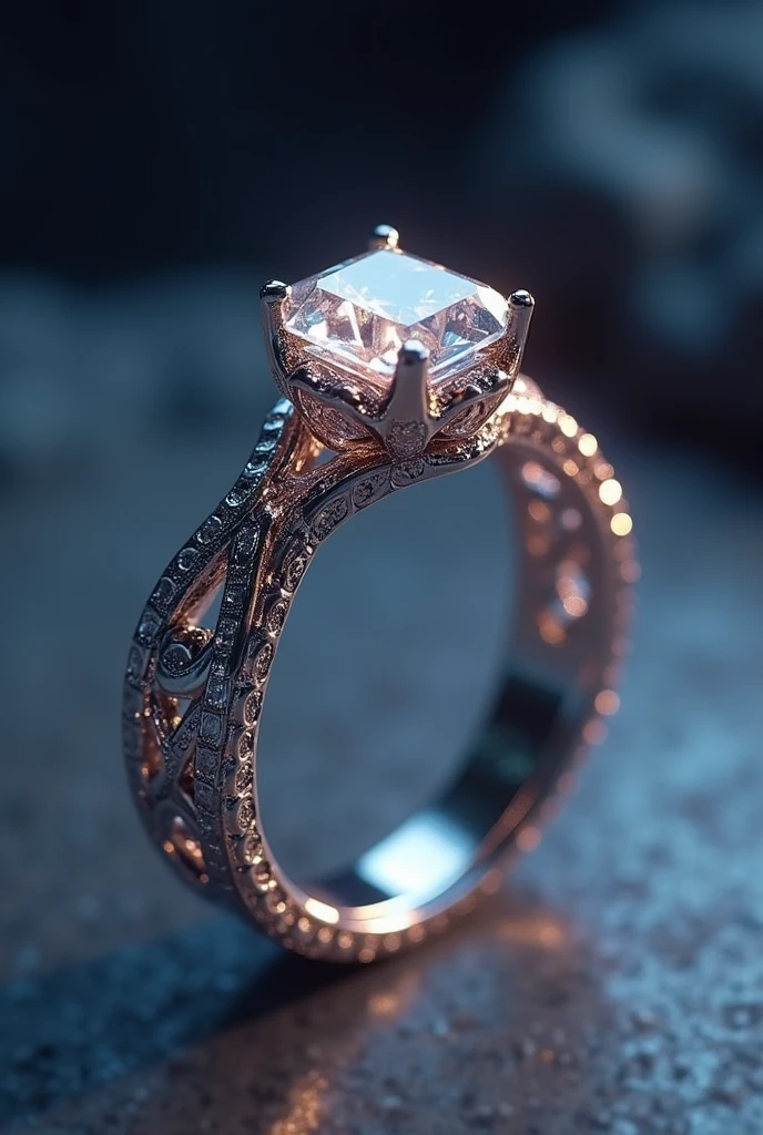 a beautiful detailed silver wedding ring with a cristal diamond, the ring is thin and the diamond is not embedded, intricate engraved patterns, glowing inner light, ethereal atmospheric lighting, extremely detailed, 8k, photorealistic, studio lighting, physically-based rendering, vibrant colors, cinematic composition
