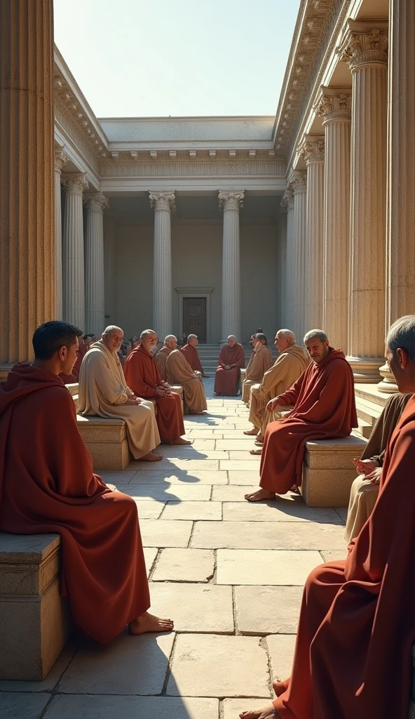 (photorealism:1.2), A depiction of Plato’s Academy in Athens, 387 BC, showing an open-air space with stone benches and ancient scholars engaged in debate. The scene is set against the backdrop of classical Greek architecture, with an atmosphere of intellectual pursuit.