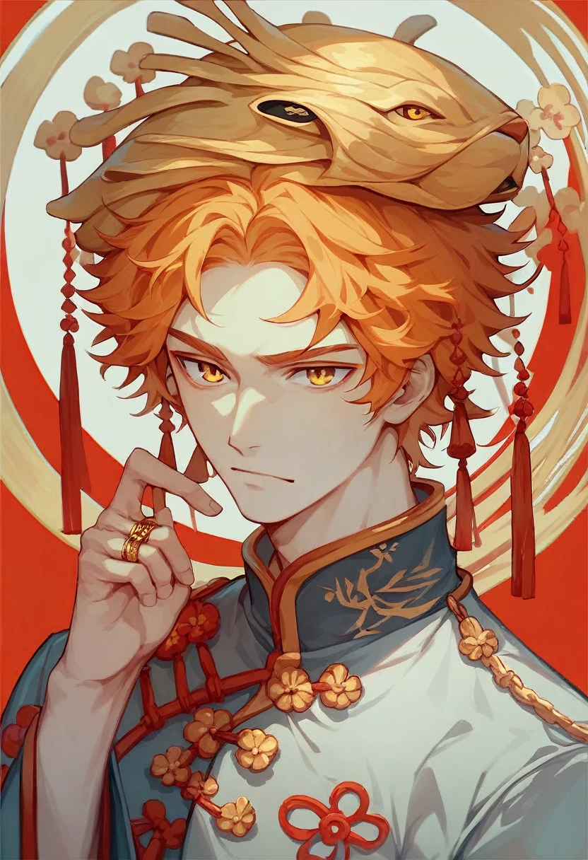 Orange hair color, golden eyes, medium straight hair parted in the center.
((Wearing a gold ring on his head)).
wearing vermilion ancient Chinese clothes, eyes rounded, male,Animestyle