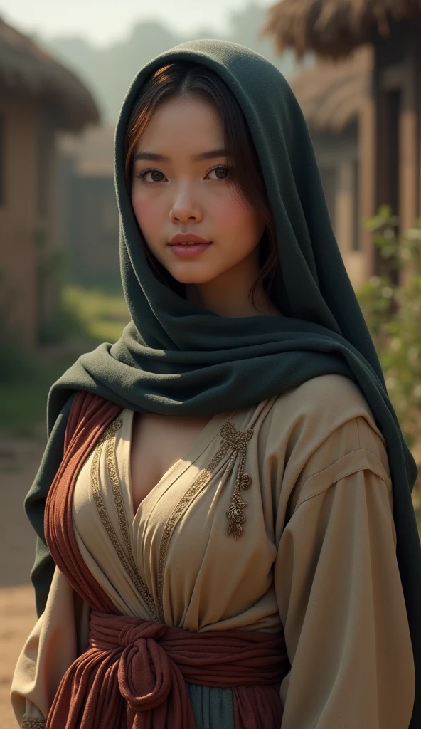((High resolution)), Superior Quality, Very detailed, Realistic, ((8k)), RAW Photos, Highest quality, masterpiece, 1  from the village, , wearing hijab, large big breasts:1.5,