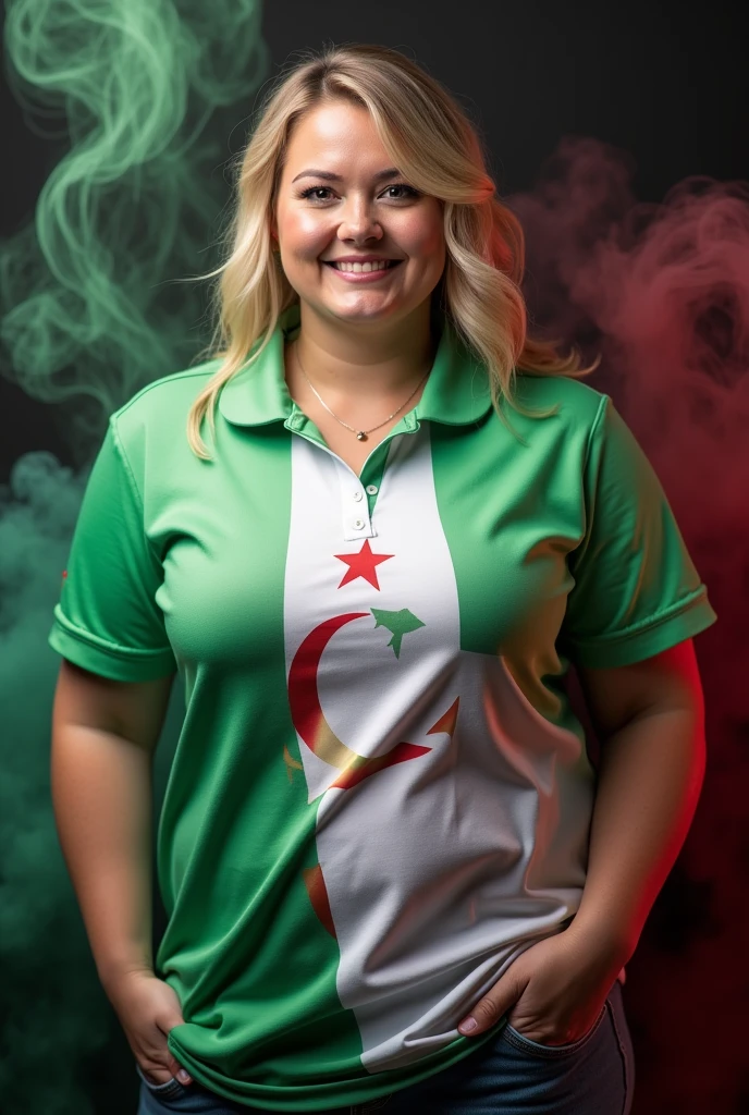 Blonde woman slightly plump, wearing a white and green block polo shirt with a large Algerian flag pattern, black background with colored smoke realistic photo