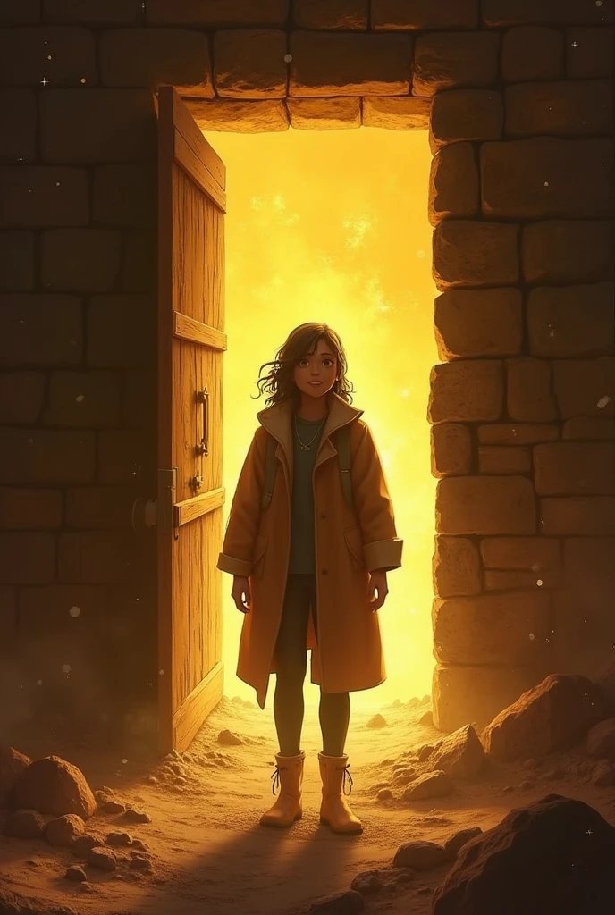 7.An emotional archaeologist discovers a secret chamber, with the door ajar revealing a golden glow from within. The image should convey a moment of achievement and emotion