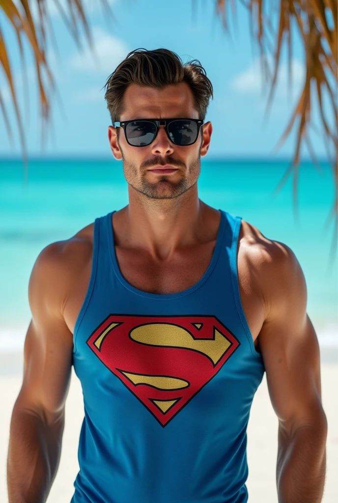 Henry Cavill british actor wearing a Superman logo blue tank and black sunglasses at a caribean beach day time blue sky