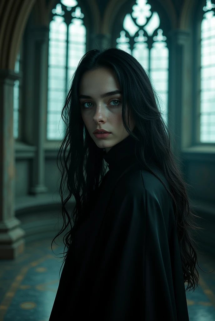 A teenage girl with blue eyes, black hair, villainous beauty, fair skin, long hair, standing in a Slytherin astronomy tower