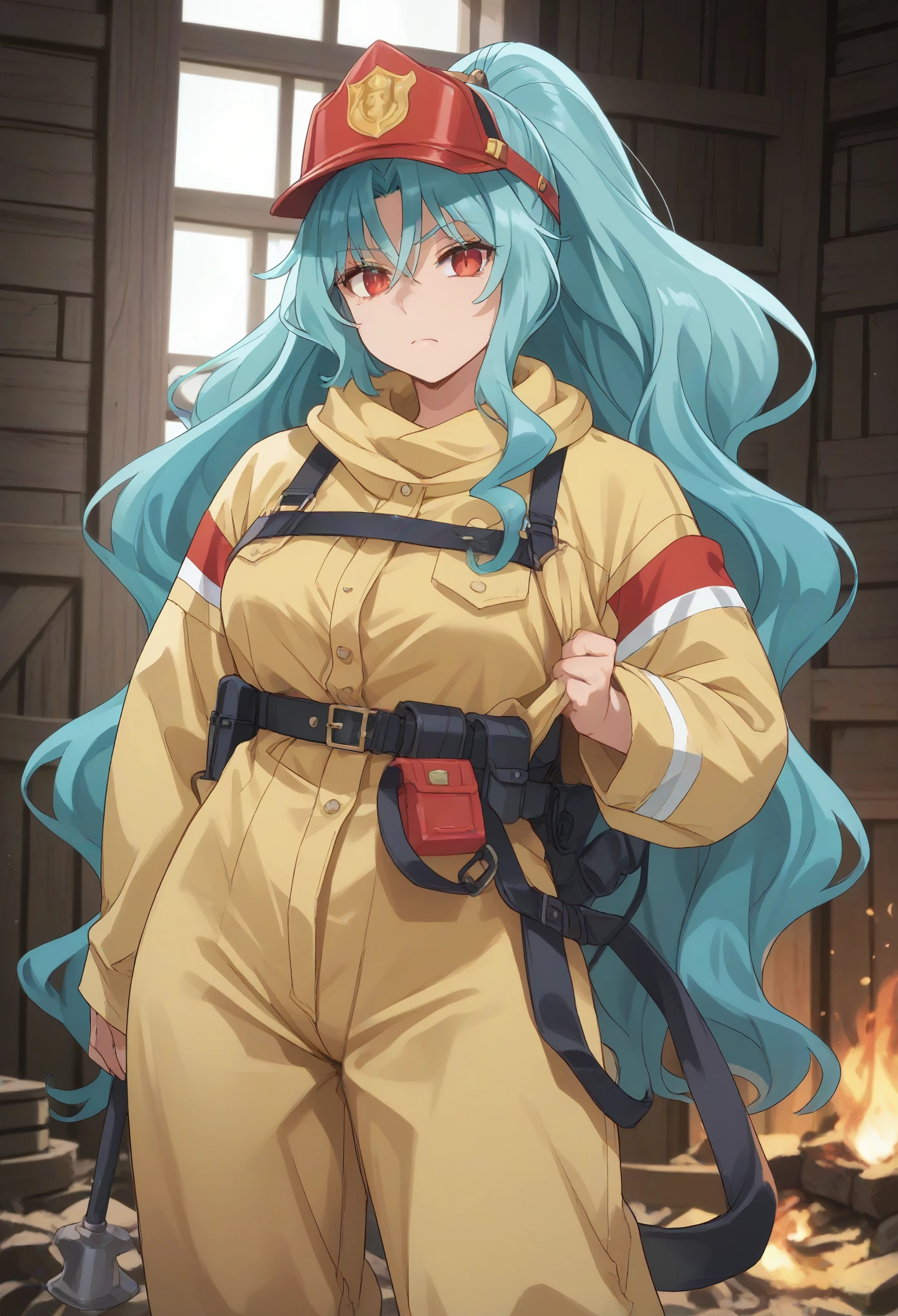 long hair aqua hair ponytail red eyes,slit pupils,big breast,firefighter's outfit, (firefighter's outfit:1.3),
