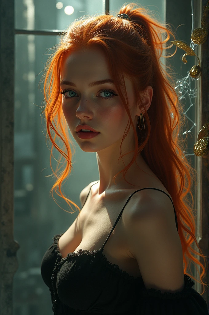 (solo, full body photo:1.3), (action packed:1.3), (haze, fog, mist:1.3), chiaroscuro, best quality, photorealistic, 1woman, (cute), (24yo:1.2), redhead, long ginger hair highly detailed, 1700'S, digital photography, art by artgerm and ruan jia and greg rutkowski surreal painting gold butterfly filigree, broken glass, (masterpiece, sidelighting, finely detailed Fashionable eyes: 1.2) (perfect oval large eyes that gazes at the viewer), beautiful detailed face, blue gorgeous perfect eyes, (blonde hair ponytail), (attractive young woman:1.3), (thick amazing hair), (seductive:1.1), (blushing:1.1) naked