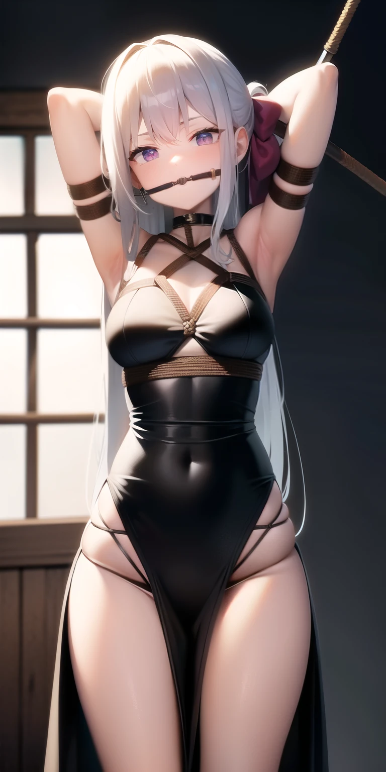 Arms behind head， length_hair， Looking_in_Audience， thigh， bow， ， BDSM， One-handed sword， shibari， bound_arms， ball_gag， shibari_that&#39;s all_Clothes