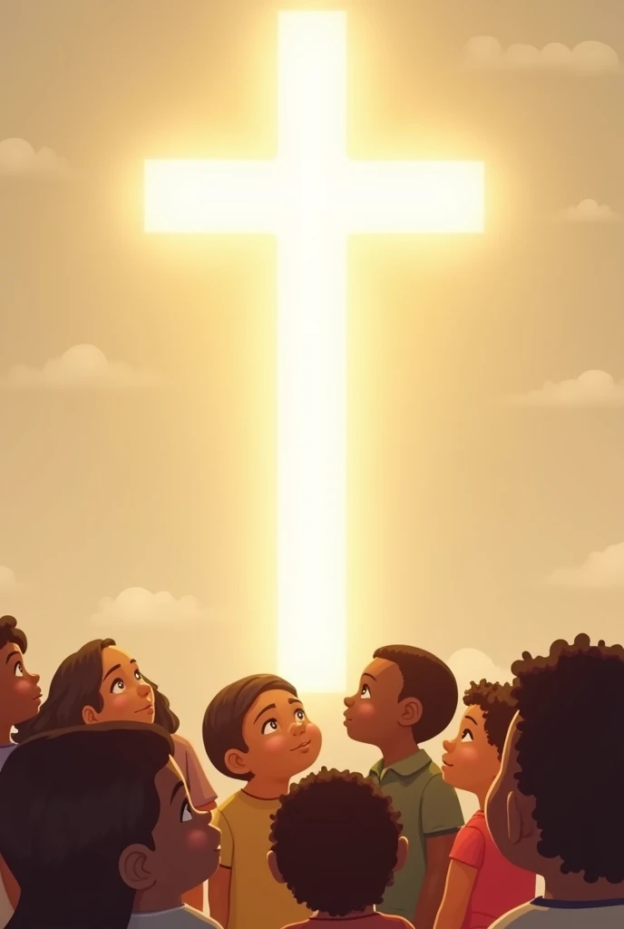 Children of different skin colors at the bottom of the image and a cross in the shape of light at the top and children looking at the cross on a light beige background But you can see the children's faces