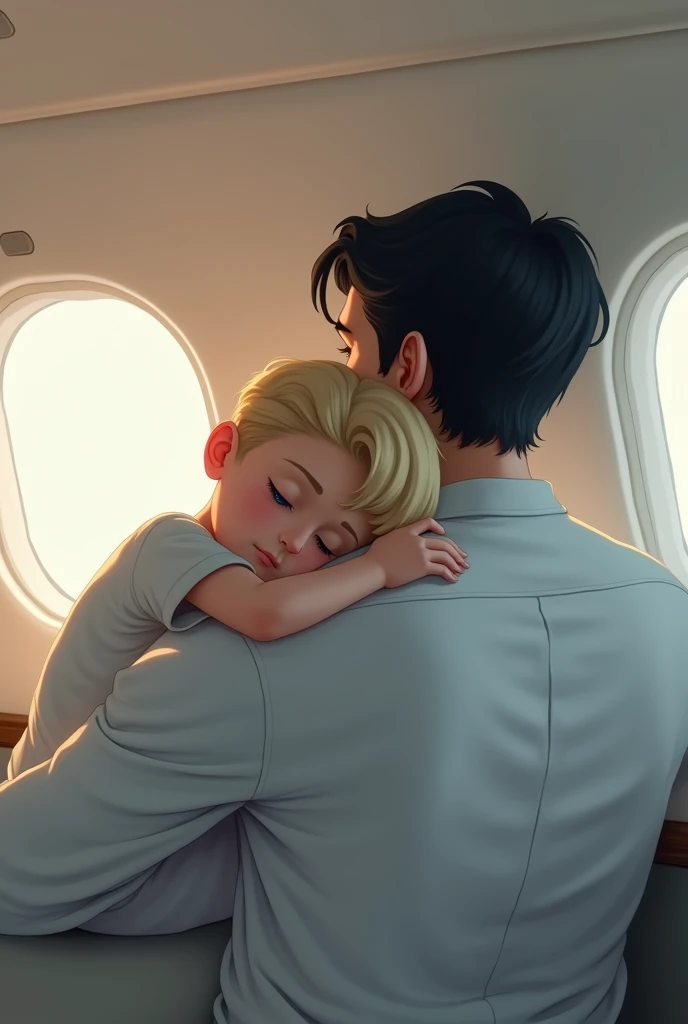 Blond, blue-eyed boy asleep on a black-haired man's shoulder, white. They are inside a jet