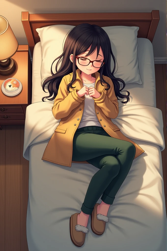 Nerd style girl lying on a single bed sleeping wearing a pea coat and pants with slippers and prescription glasses sleeping with a slight smile and a slightly flushed face