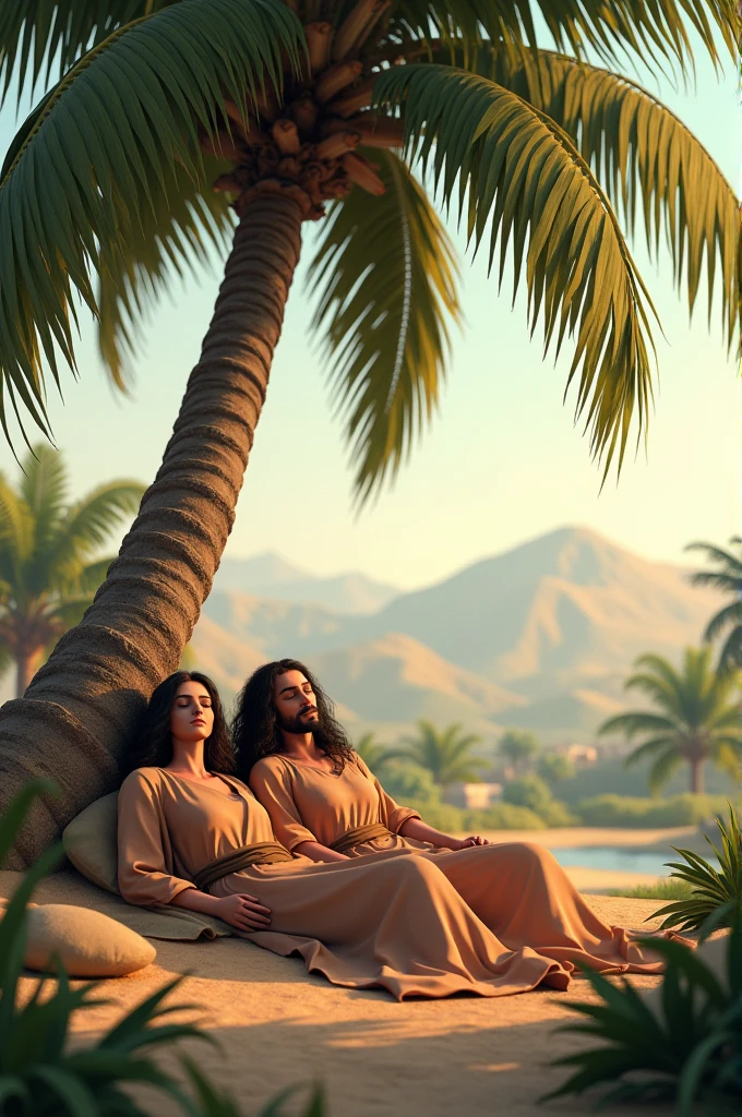 3D drawing of Deborah and Barak sleeping under a coconut tree in biblical times