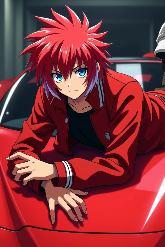 Adult anime boy with red hair saint seiya style with white locks in his hair,with a serious face and blue eyes and a red jacket and black shirt lying on the hood of a red Koenigsegg Agera R