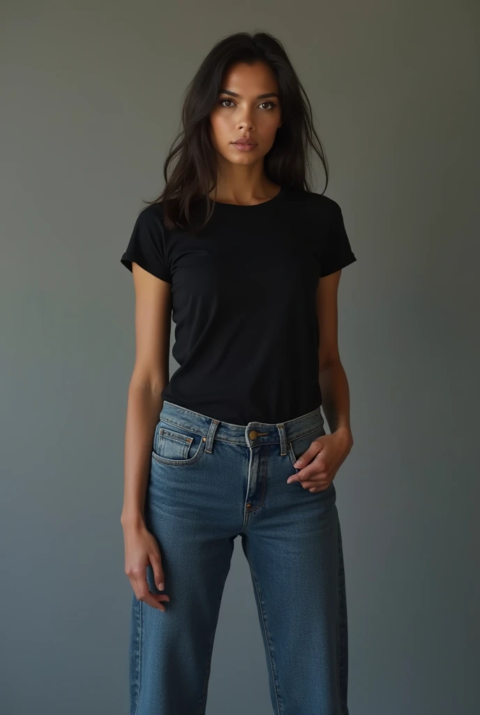 beautiful latin woman, standing straight facing forward, with black t-shirt, denim jeans pants, on a greyish background, cotton t-shirt texture, fitted t-shirt, round neck, striped tights. Medium camera shot.