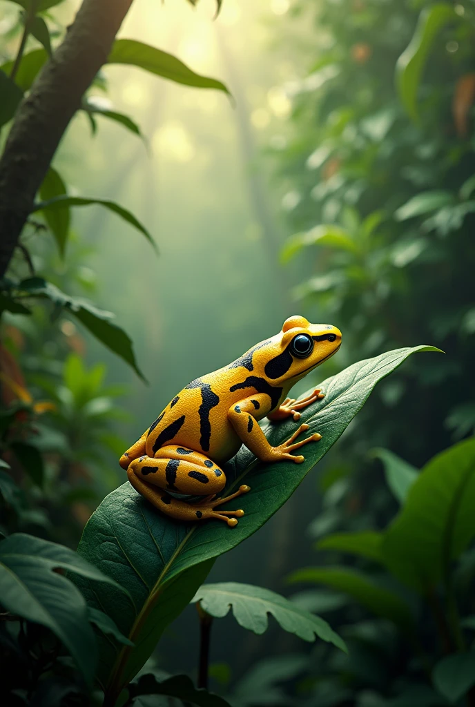 beautiful rainforest, greenery and foggy environment, golden poison dart frog on leaf, sunlight through high leaves, ultra-detailed, 8k, realistic, photorealistic, extremely detailed, masterpiece, lush tropical greenery, detailed foliage, natural lighting, depth of field, vibrant colors, 1 frog, closeup, macro photography