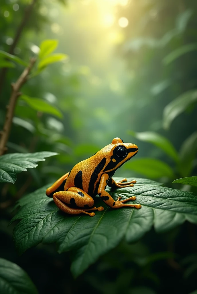 beautiful rainforest, greenery and foggy environment, golden poison dart frog on leaf, sunlight through high leaves, ultra-detailed, 8k, realistic, photorealistic, extremely detailed, masterpiece, lush tropical greenery, detailed foliage, natural lighting, depth of field, vibrant colors, 1 frog, closeup, macro photography