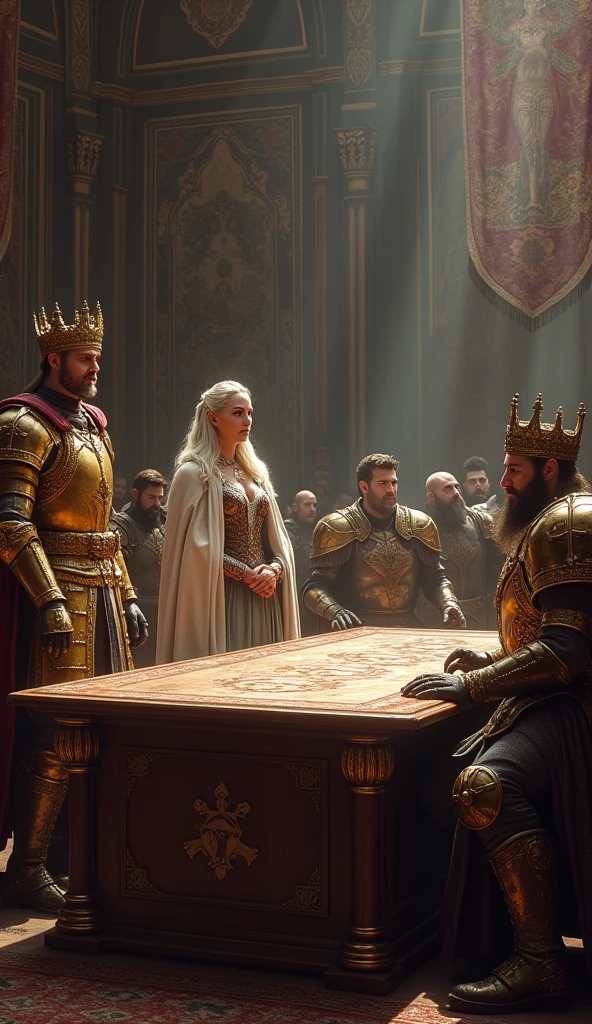 Show a scene in a large medieval courtroom, with King Arlock in golden armor and crown , Queen Ailith of the elves dressed in her white cloak and her wizard&#39;s staff and King Thorin of the dwarves dressed in his bronze armor sitting around a negotiating table, discussing the alliance between their kingdoms. The costumes are detailed and realistic, reflecting the culture and status of each monarch.