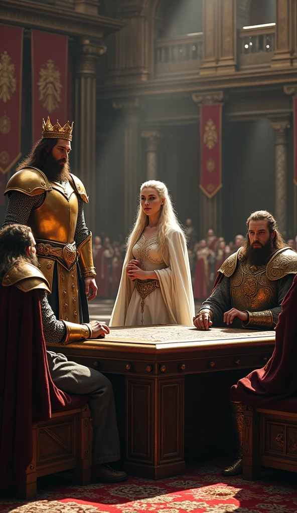 Show a scene in a large medieval courtroom, with King Arlock in golden armor and crown , Queen Ailith of the elves dressed in her white cloak and her wizard's staff and King Thorin of the dwarves dressed in his bronze armor sitting around a negotiating table, discussing the alliance between their kingdoms. The costumes are detailed and realistic, reflecting the culture and status of each monarch.