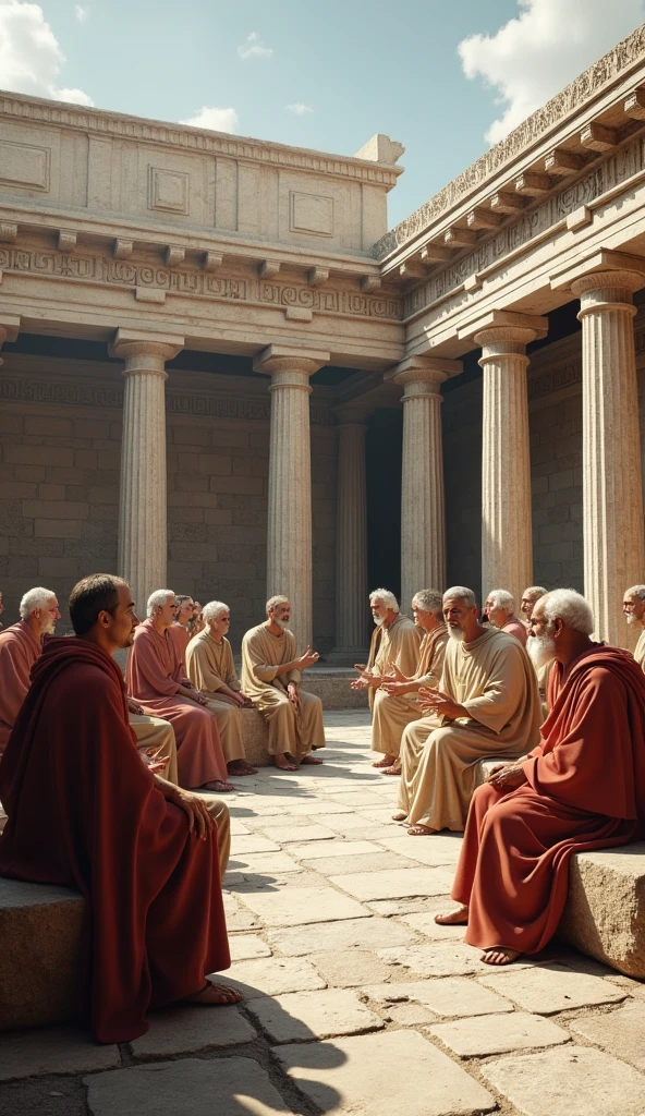 (photorealism:1.2), A depiction of Plato’s Academy in Athens, 387 BC, showing an open-air space with stone benches and ancient scholars engaged in debate. The scene is set against the backdrop of classical Greek architecture, with an atmosphere of intellectual pursuit.