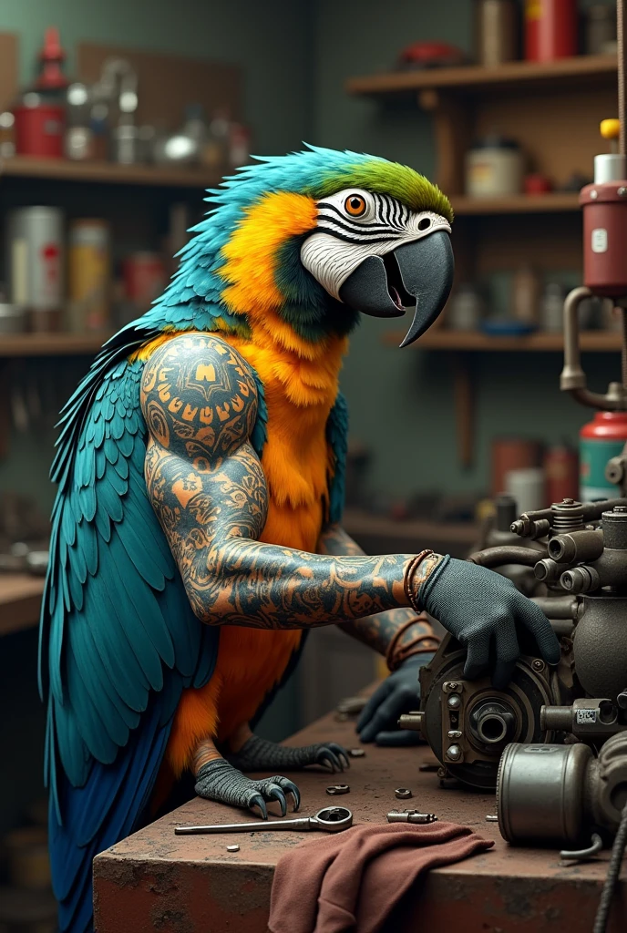 Tattooed macaw auto mechanic