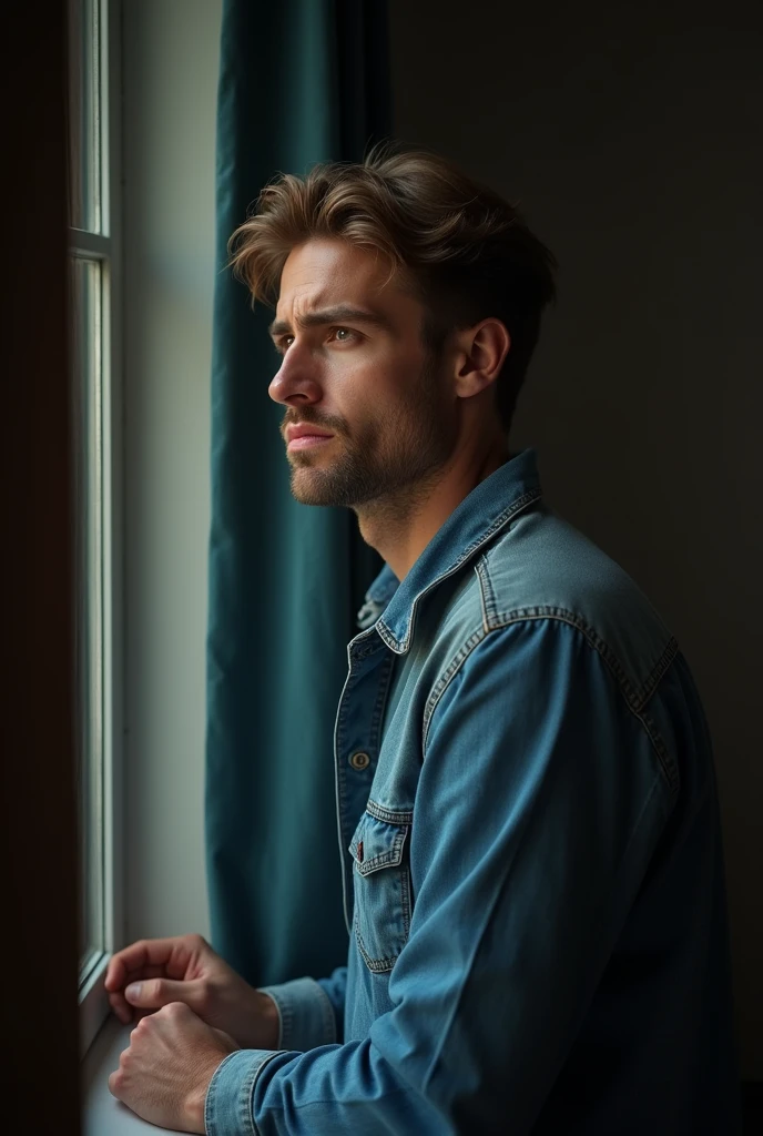 a tender moment of revenge, a husband in his mid-20s, with gentle facial features, warm skin tones, and standing looking outside the window, the husband's light brown hair neat combed, he wears comfortable, earthy-toned clothing, the husband's faded blue denim shirt, conveying a sense shocked, the background is dim, the entire scene radiating panic, suspicious and scared.