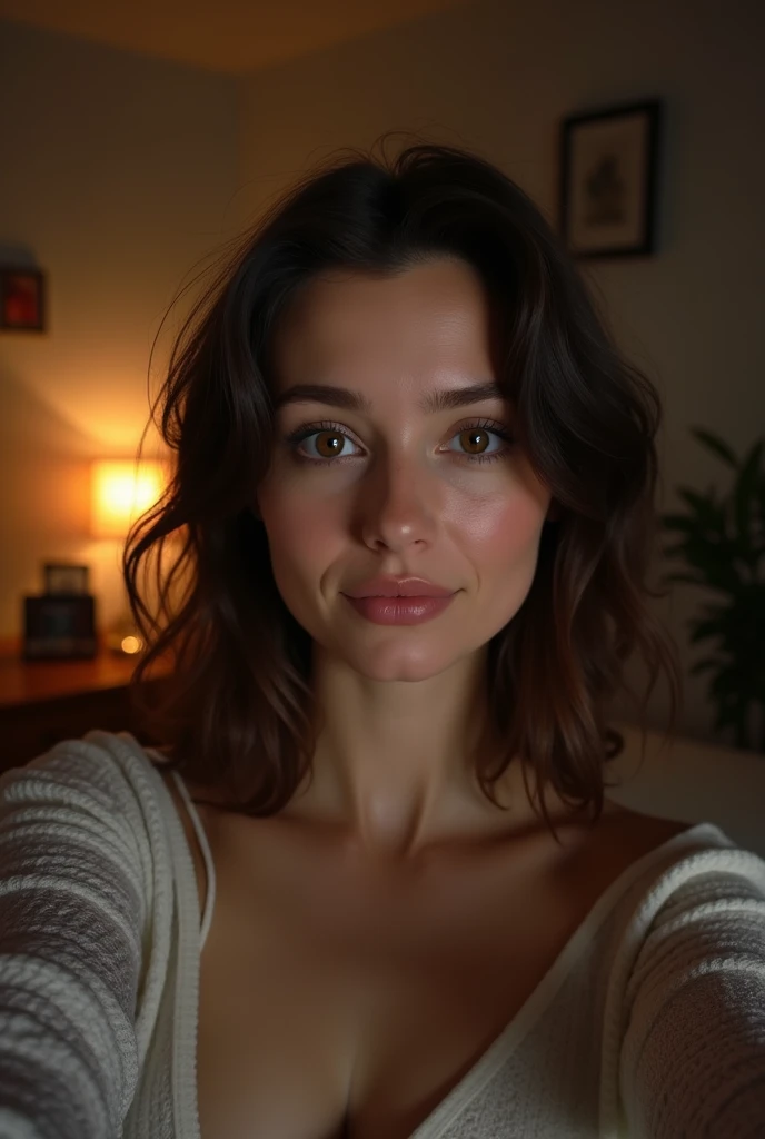Generate a full face selfie of a 36 year lady with brown hair in her room during the night