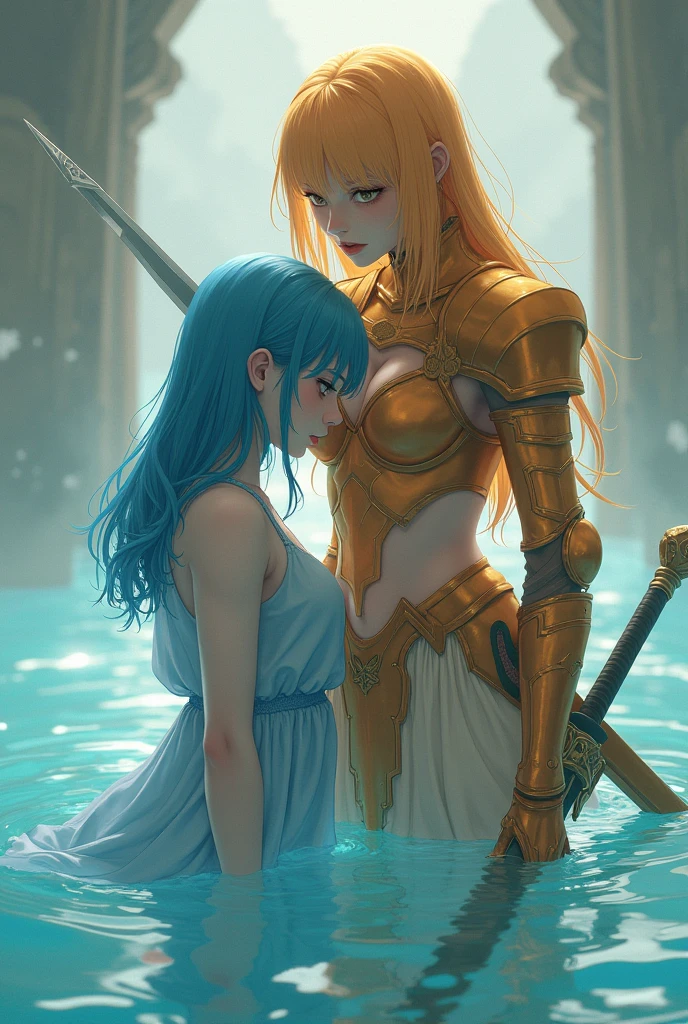 2 girls, one is fucked up the other is fucked up,the first one to let herself into the water, another one stands with a big sword, anime, dress, beauties, the first girl with blue hair, the second one and golden hair, первая в голубом нежном dress, the second one in light orange armor