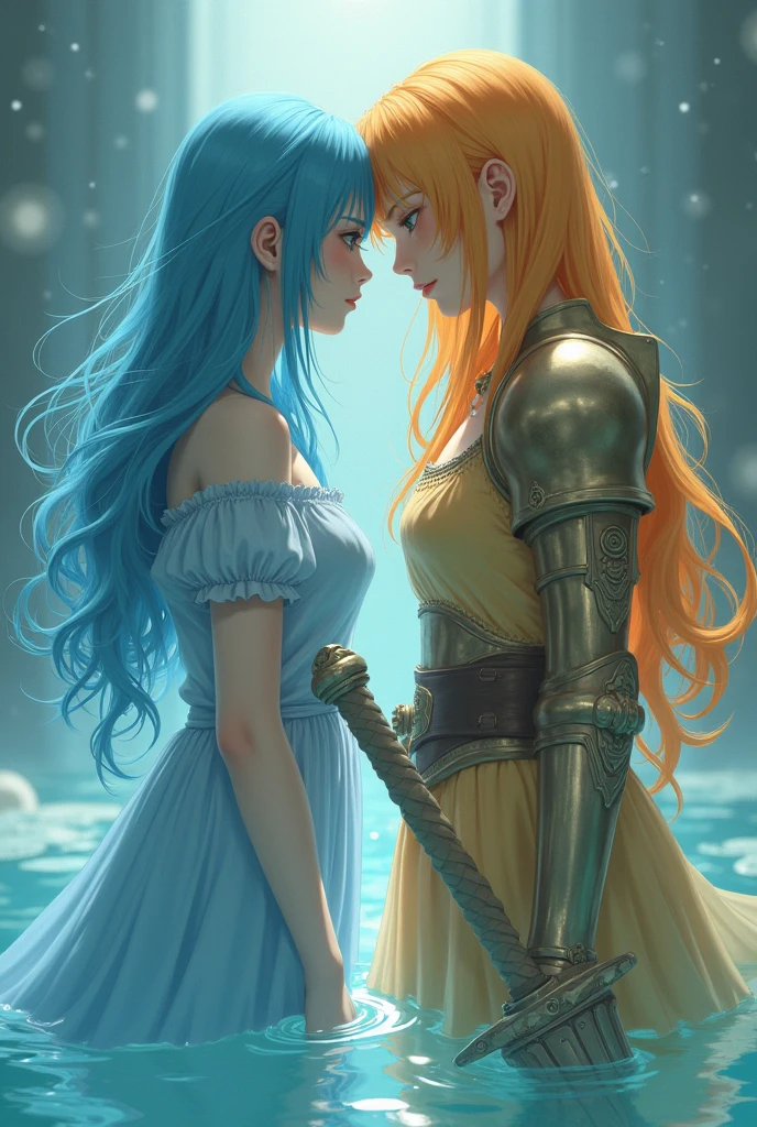 2 girls, one is fucked up the other is fucked up,the first one to let herself into the water, another one stands with a big sword, anime, dress, beauties, the first girl with blue hair, the second one and golden hair, первая в голубом нежном dress, the second one in light orange armor