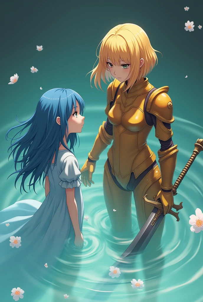 2 girls, one is fucked up the other is fucked up,the first one to let herself into the water, another one stands with a big sword, anime, dress, beauties, the first girl with blue hair, the second one and golden hair, первая в голубом нежном dress, the second one in light orange armor