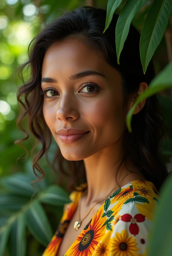 A Brazilian woman in a lush tropical garden, wearing an open shirt with a floral print, with a close-up capturing the harmonious beauty between her breasts and the natural flowers, showing off your natural charm and outgoing personality.
