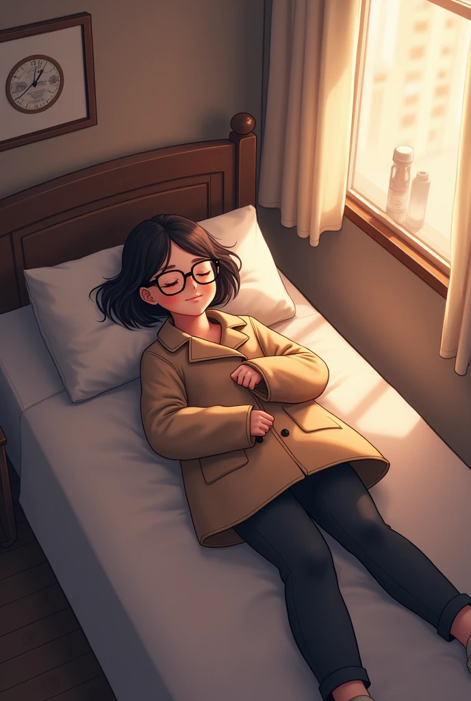 Nerd style girl lying on a single bed sleeping wearing a pea coat and pants with slippers and prescription glasses sleeping with a slight smile and a slightly flushed face