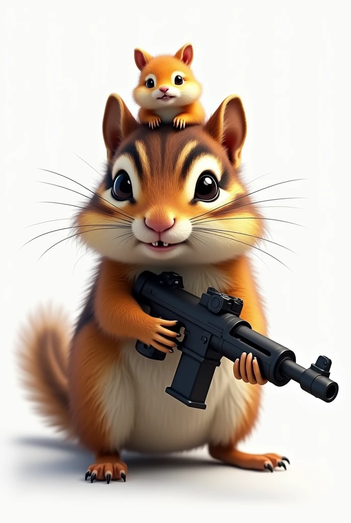 (masterpiece, best quality, ultra detailed, 8k, photorealistic, hyperrealistic photo), A chipmunk is riding with a gun, A tiny Yuzu is sitting on the chipmunk&#39;s head, (The chipmunk&#39;s head is streaked with three dark hairs.), Background is white,