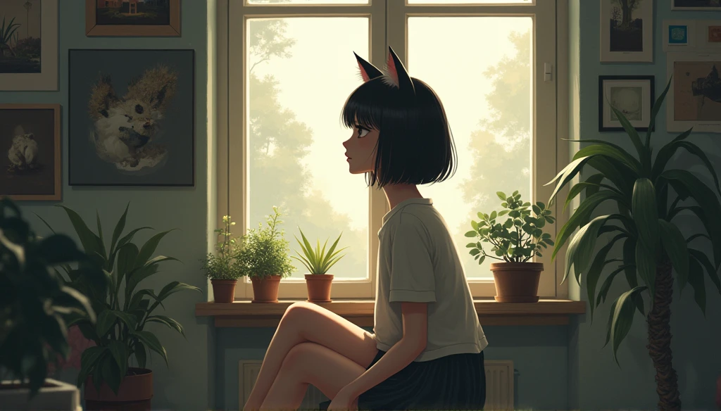 The camera slowly pans across the room.、A beautiful girl with short black hair and cat ears is seen looking outside through a small window.。In the room, there are paintings she has done.、There are several potted plants lined up
