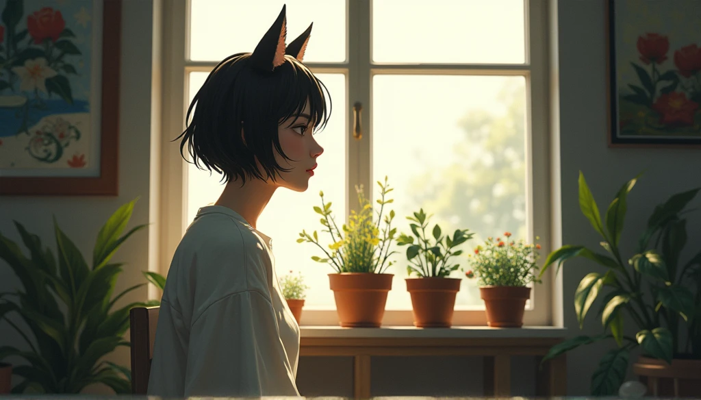 The camera slowly pans across the room.、A beautiful girl with short black hair and cat ears is seen looking outside through a small window.。In the room, there are paintings she has done.、There are several potted plants lined up