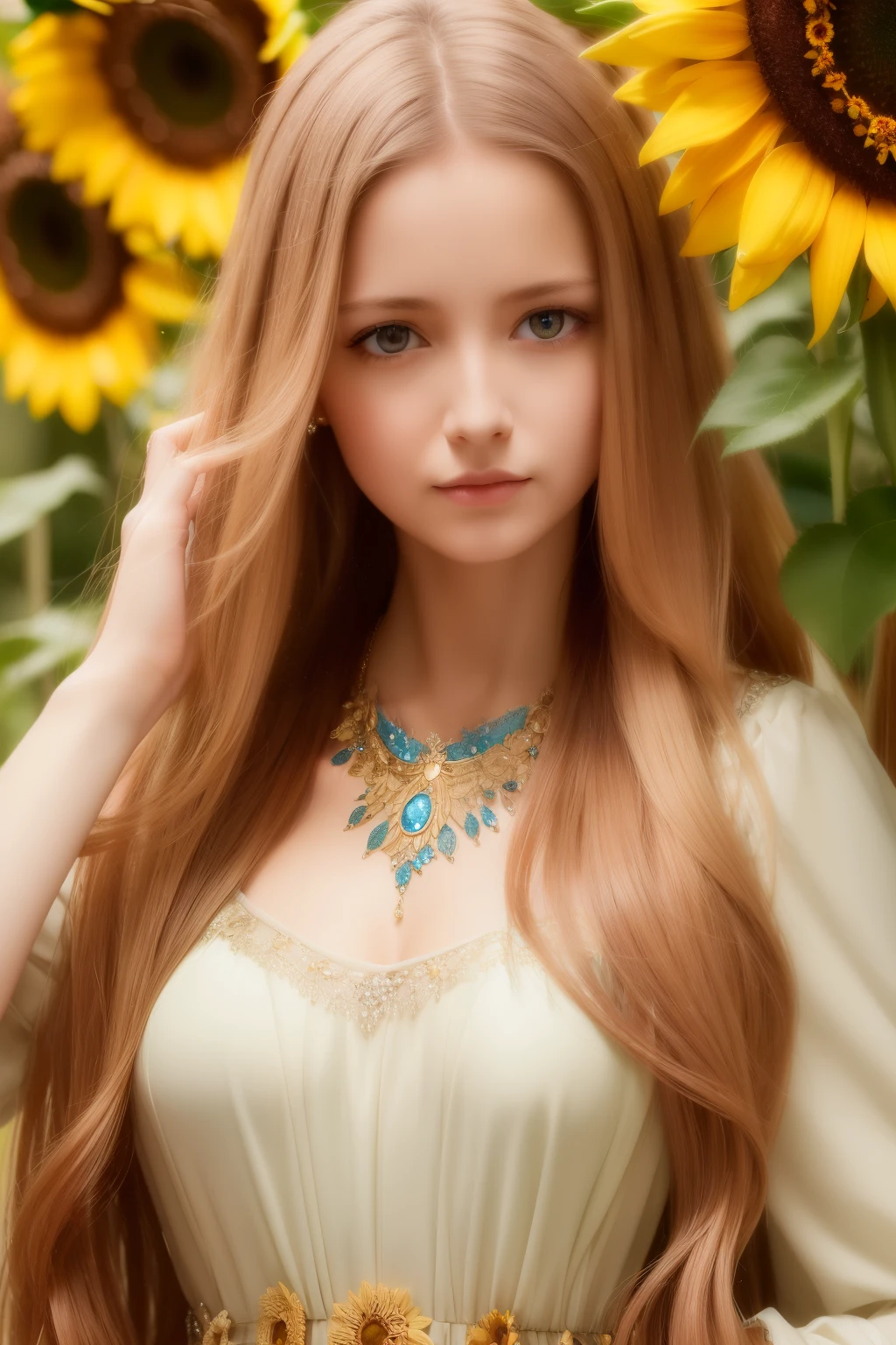 (  Absurdly , High quality , ultra detailed ) ,( hand detailed ) ,girl with her daughters,  very long hair, sunflower hair , beautiful crystal eyes ( eye detailed ) Baroque, Necklace, long dress, long sleeve, elegant, colorful, highest detailed, upper body , with the river and sunflowers