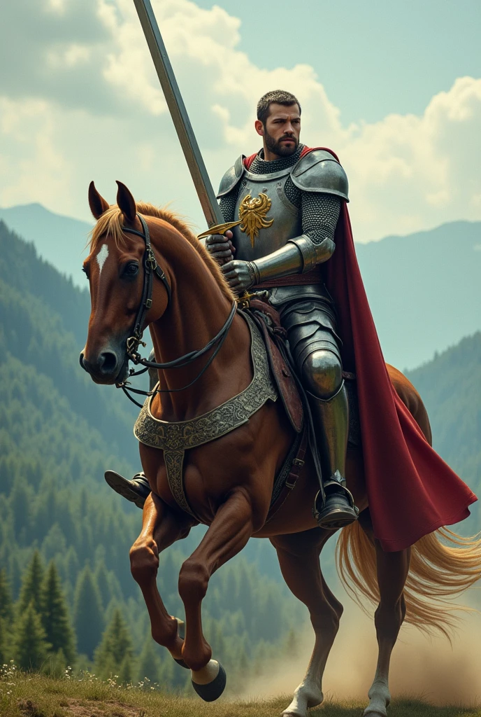 a man with a sword riding a horse 