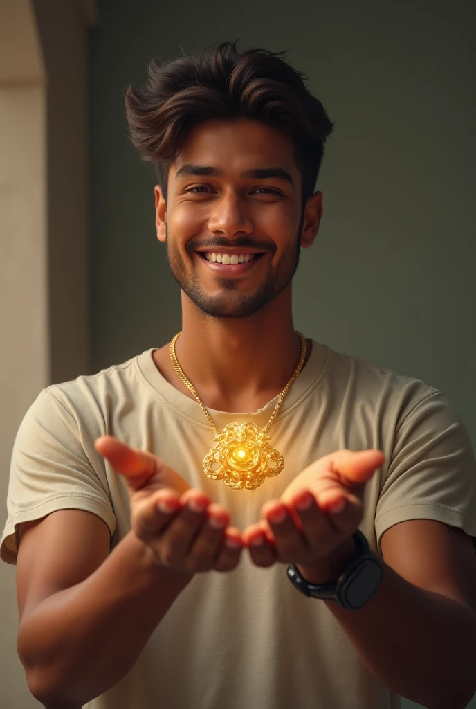Young man, dressed casually, holding gold jewelry in hands, realistic image, looking ahead, smiling, happy, empowered, brownish skin