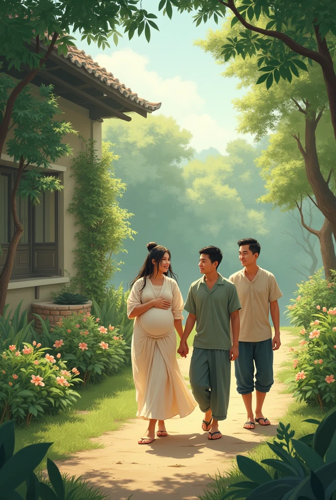 Although labor hadn't officially started, Lạc Huỳnh Tâm walked around the yard with Tiểu Mạc and Tiểu Cẩn to expedite childbirth. they all men