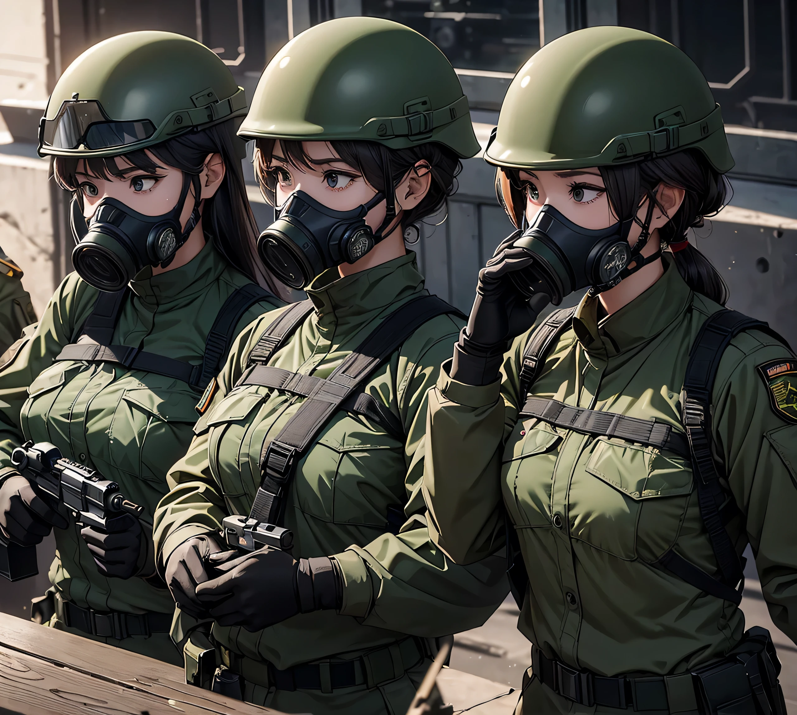 A group of female special forces soldiers wearing dark green M-51 military uniforms、Put on a helmet、Wear goggles、wearing gas masks、All stand at attention and salute、Write details、masterpiece、best quality、Highly detailed CG、8K picture quality