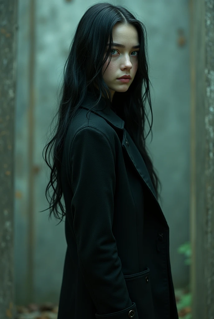 A age girl, blue eyes, black hair, villainous beauty, fair skin, tall hair, standing up, Slytherin