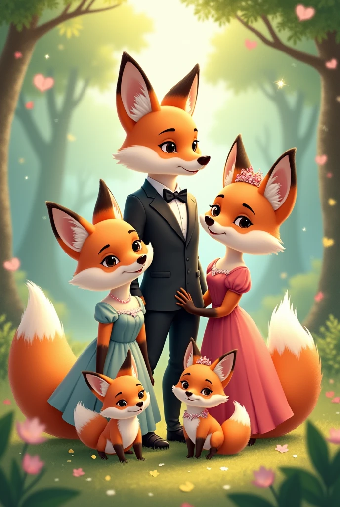 A couple of foxes female wearing princess dress and male wearing black suit and cubs in the forest 3D soft watercolor pastel colors kawai Disney 8k Cartoon