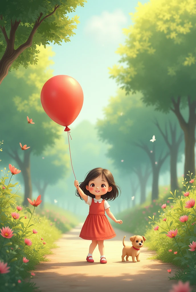 A beautiful small girl ,playing with ballon ,walking ,on road , butterflys surrounding trees beside the road, pleasant weather, a small puppy in the corner